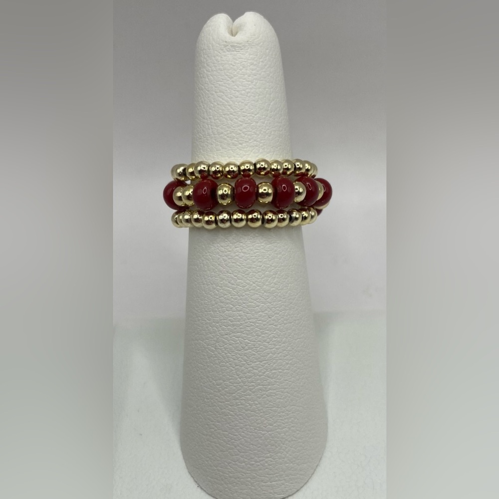 BEADED 14K Gold Filled Stackable Rings; Set of 3; Maroon & Gold; NEW.